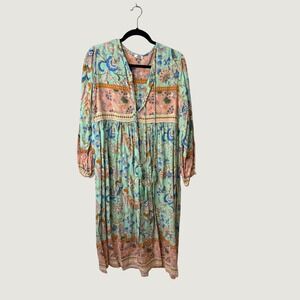 R.Vivimos XL 16/18 Mint Green Floral Boho Midi Dress Long Sleeve Cottagecore